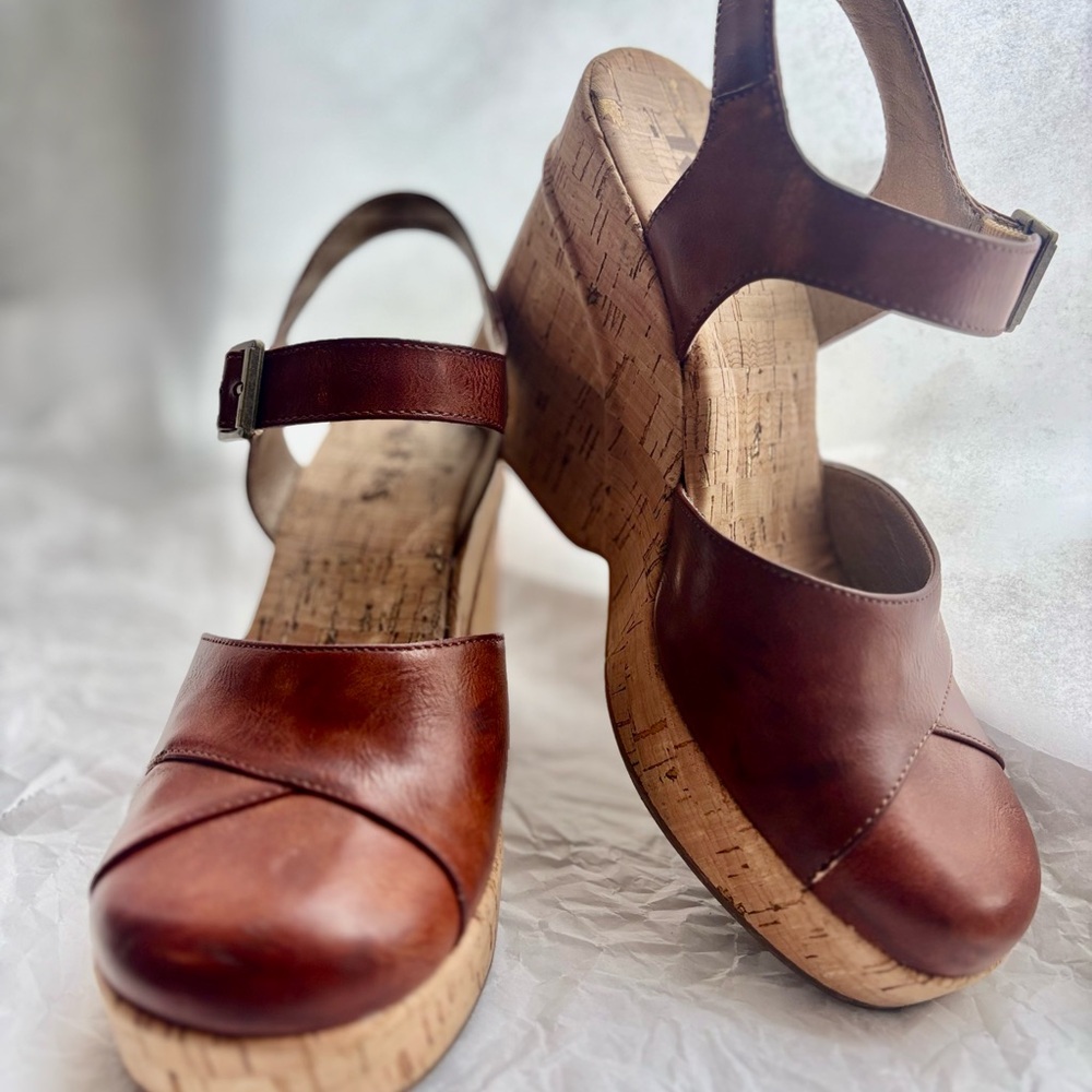 Kork-Ease Brown Leather Cork Wedge Sandals